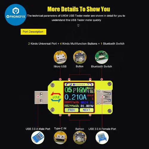 USB port tester with color LCD display showing voltage readings, compatible with UM34C, UM25C, UM24C models by PHONEFIX.