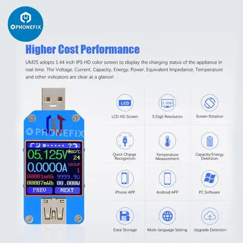 Color LCD display USB voltage tester for phone and device charging, compatible with UM34C, UM25C, UM24C models by PHONEFIX.