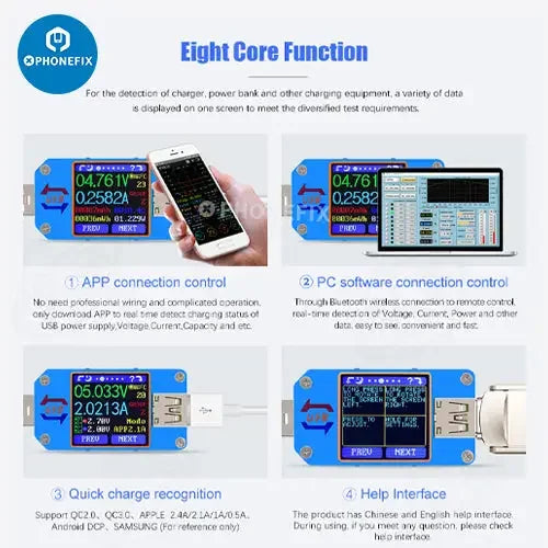 Color LCD display USB voltage tester for phone and device charging, compatible with UM34C, UM25C, UM24C models by PHONEFIX.