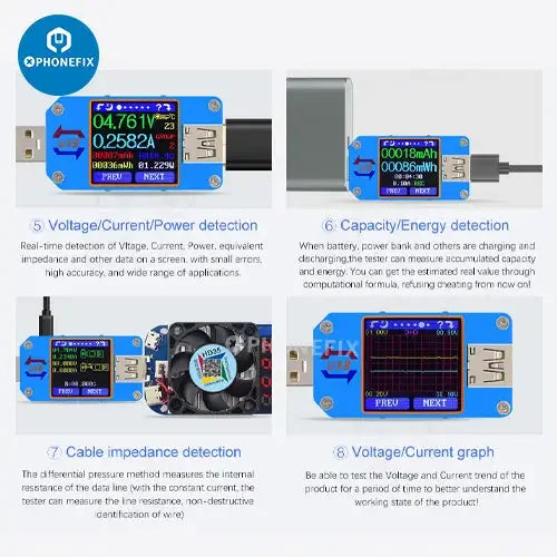 Color LCD display USB voltage tester for phone charging ports, compatible with UM34C, UM25C, UM24C models from PHONEFIX.