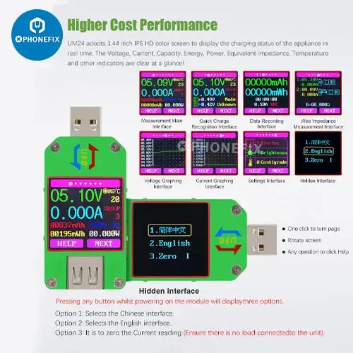 Color LCD display USB voltage tester for UM34C, UM25C, UM24C models by PHONEFIX, showing voltage readings on a compact device