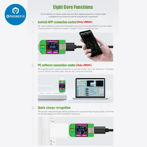 Color LCD display USB voltage tester for phone and device charging ports, compatible with UM34C, UM25C, UM24C models by PHONEFIX.