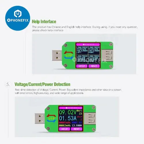 Color LCD display USB voltage tester for phone fix, compatible with UM34C, UM25C, and UM24C models, showing voltage readings.