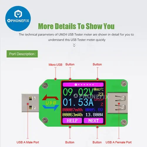 Color LCD display USB voltage tester for UM34C, UM25C, UM24C models by PHONEFIX, showing USB port voltage and current readings.