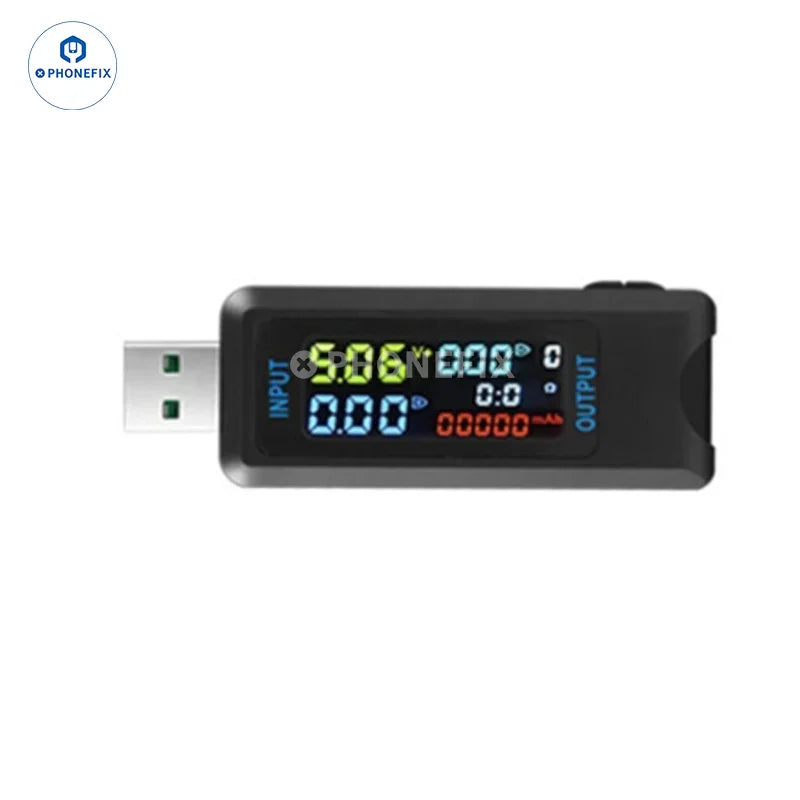 Comprobador digital USB Tipo-C de PHONEFIX que muestra las lecturas de voltaje y corriente en un dispositivo portátil para comprobar puertos USB.
