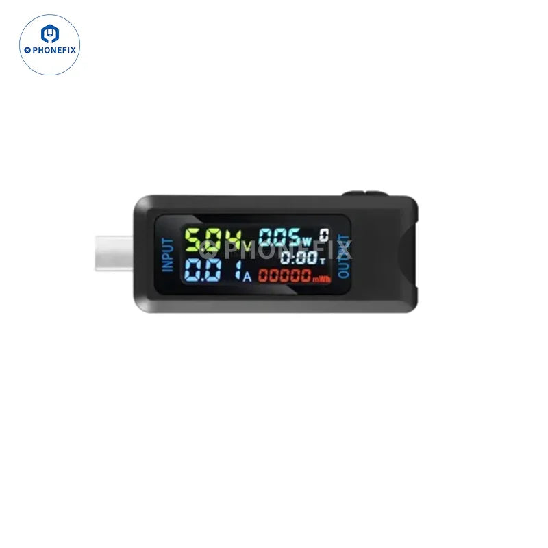 Comprobador digital USB Tipo-C de PHONEFIX que muestra lecturas de voltaje y corriente en un dispositivo compacto para comprobar puertos.