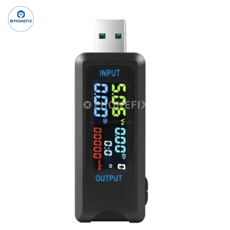 Comprobador digital USB Tipo-C de PHONEFIX que muestra las lecturas de voltaje y corriente en un dispositivo compacto para comprobar puertos USB.