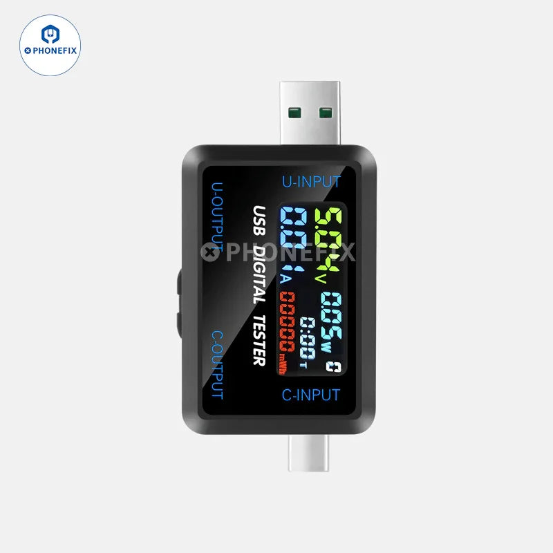 Comprobador digital PHONEFIX USB Tipo-C que muestra lecturas de voltaje y corriente en un dispositivo portátil compacto con puerto USB.