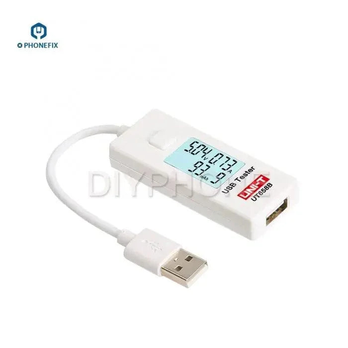PHONEFIX UT658 Mini USB Tester with digital LCD display, measures charging current and voltage for USB port testing.