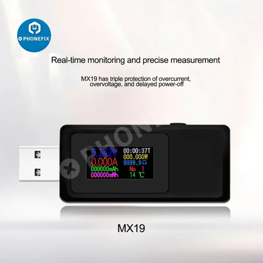 PhoneFix 10-in-1 USB Type-C current and voltage tester meter showing display readings on a compact device.