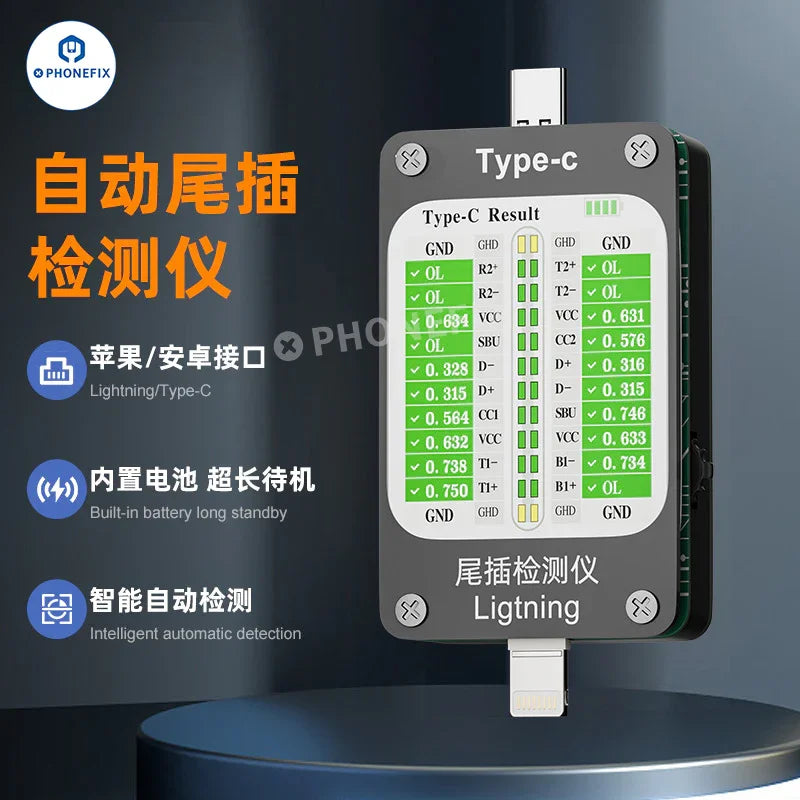 QianLi PHONEFIX iBridge A3 Tail Plug USB port tester with Lightning and Type-C ports for signal analysis and troubleshooting.