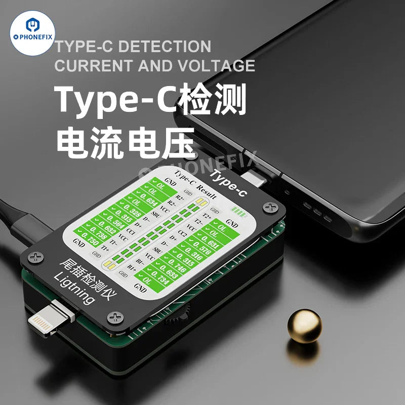 QianLi iBridge A3 Tail Plug USB port tester with Lightning and Type-C ports, used for analyzing and testing phone connection quality.