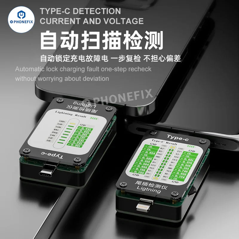 PHONEFIX QianLi iBridge A3 Tail Plug USB port tester with Lightning and Type-C ports for analysis and diagnostics.