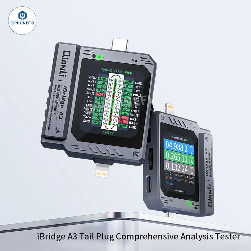 QianLi iBridge A3 Tail Plug USB port tester with Lightning and Type-C ports, used for analyzing and testing connection quality.