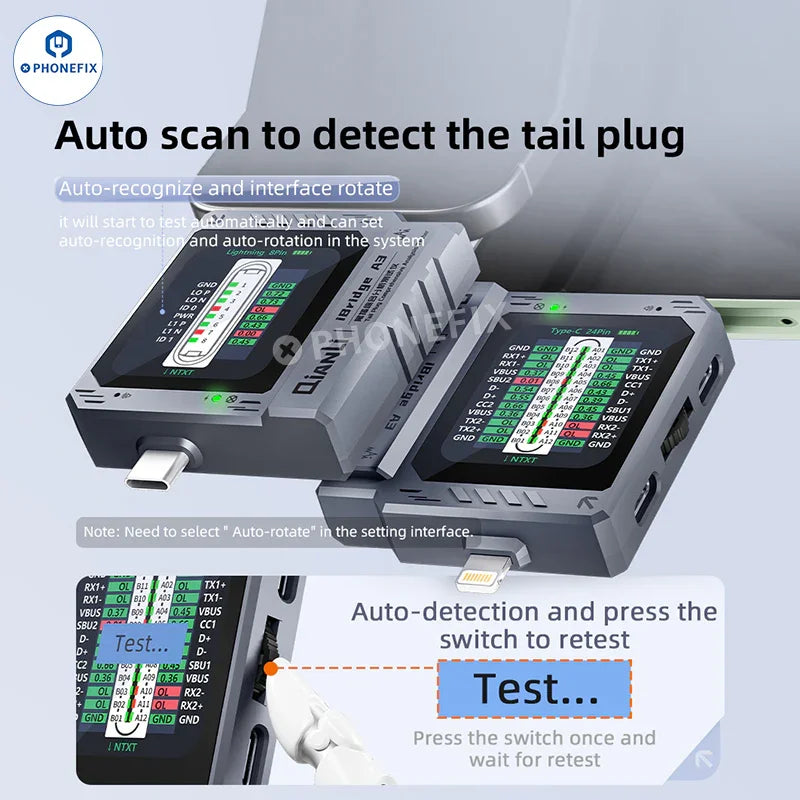 QianLi iBridge A3 Tail Plug USB port tester with Lightning and Type-C ports, used for analyzing and testing USB connections.