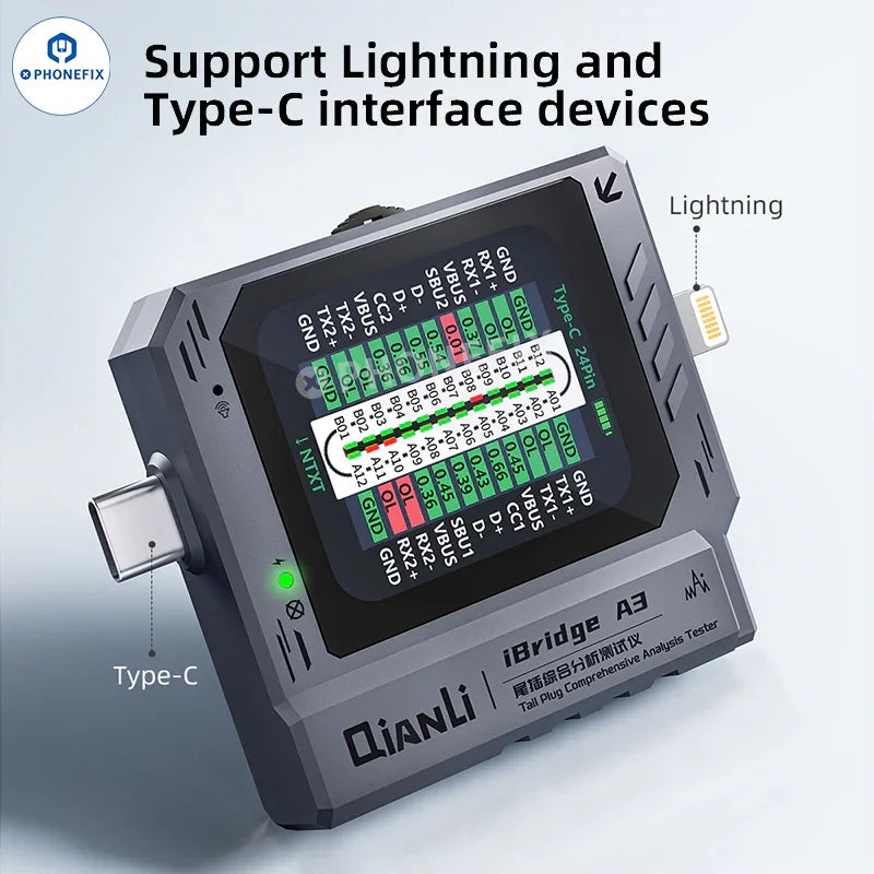 QianLi iBridge A3 Tail Plug USB port tester with Lightning and Type-C ports, used for analyzing and testing mobile device connections.