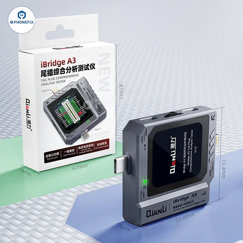 QianLi iBridge A3 Tail Plug USB port tester with Lightning and Type-C ports, used for analyzing and testing USB connections.