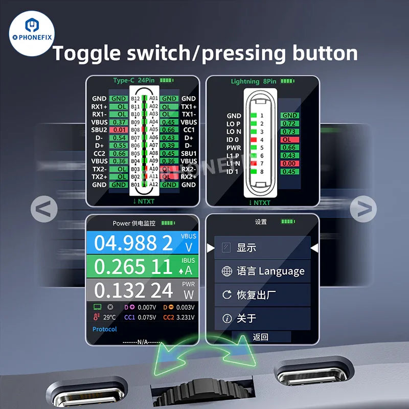 QianLi iBridge A3 Tail Plug USB port tester with Lightning and Type-C ports, used for analyzing and testing mobile device connections.