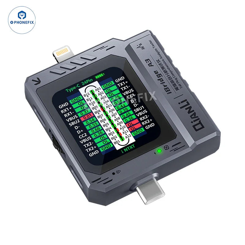QianLi iBridge A3 Tail Plug USB port tester with Lightning and Type-C ports, used for analyzing and testing mobile device connections.