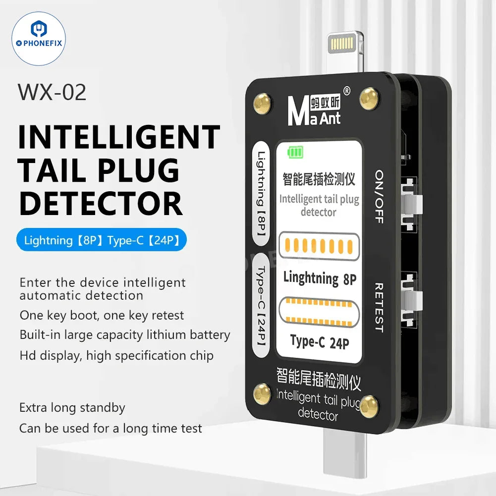 QianLi iBridge A3 Tail Plug USB port tester with Lightning and Type-C ports, used for analyzing and testing mobile device connections.