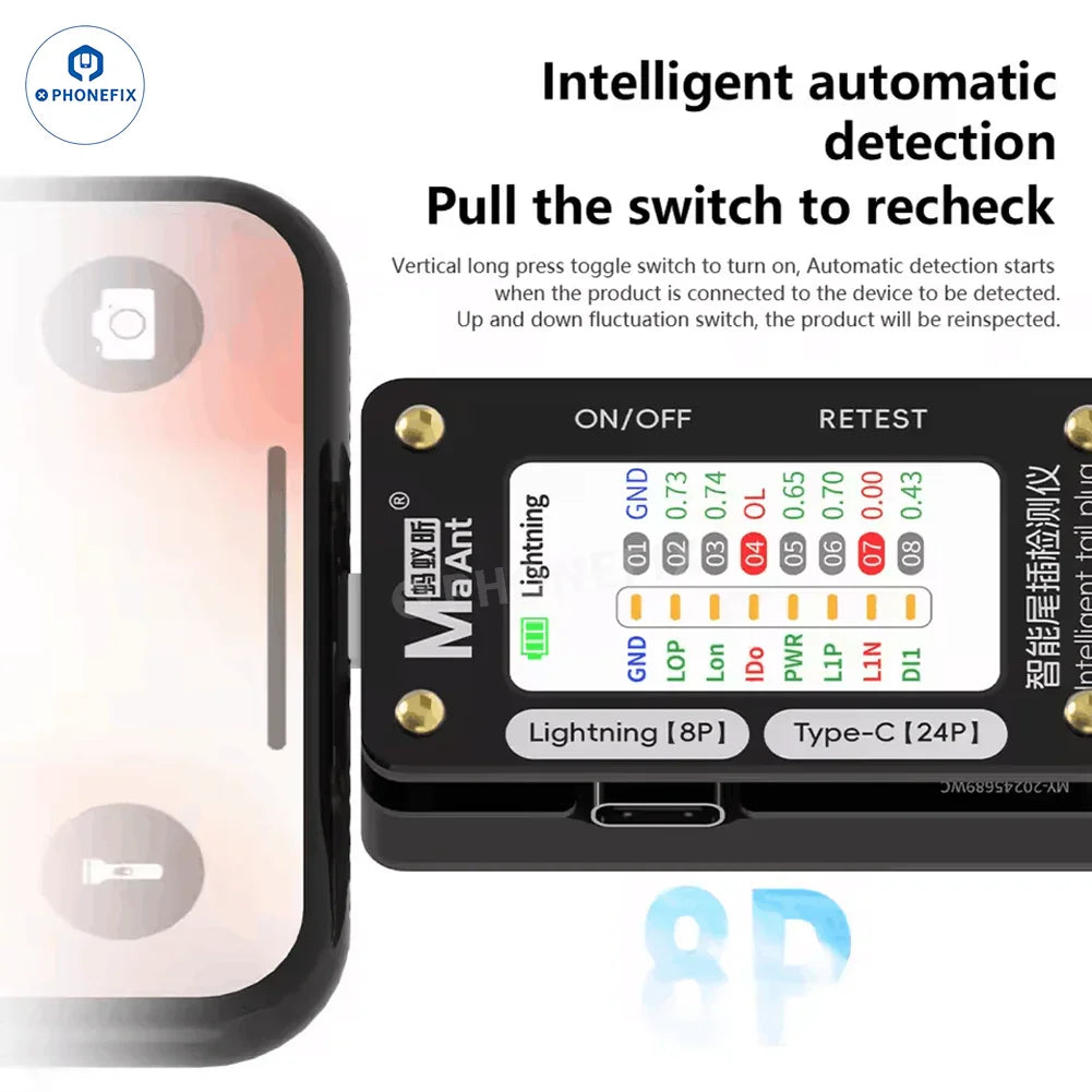 QianLi iBridge A3 Tail Plug USB port tester with Lightning and Type-C ports, showing connection analysis on a white background.