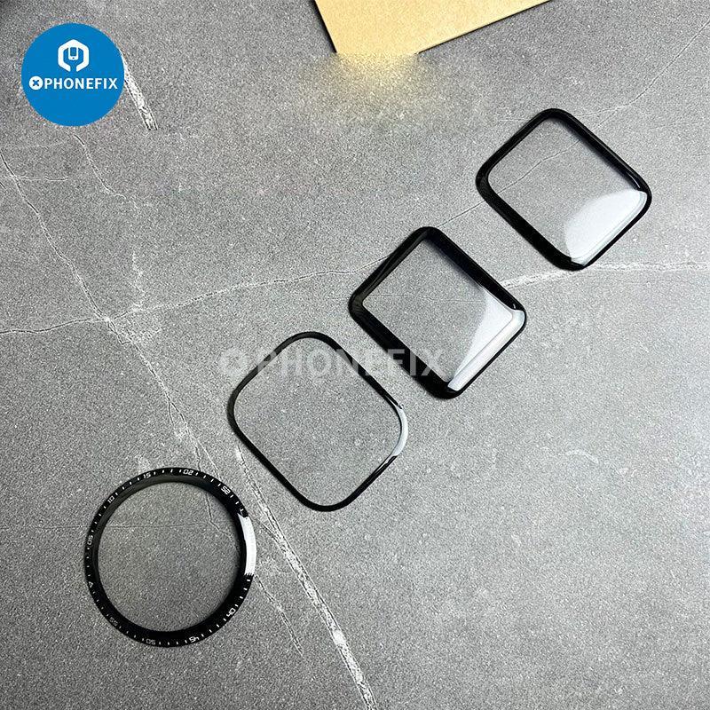 Two PHONEFIX anti-scratch PMMA screen protectors for Apple Watch Series 38-49mm, shown on a watch face with protective film.