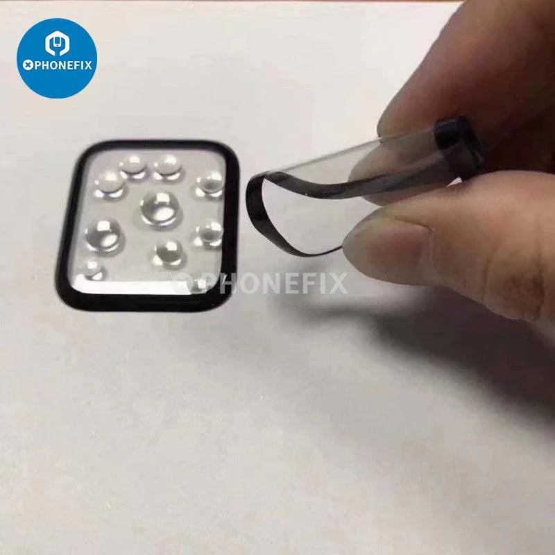 Two PHONEFIX anti-scratch PMMA screen protectors for Apple Watch Series 38-49MM, showing clear, protective film on watch face.