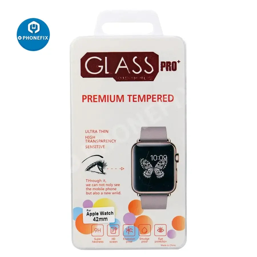 PHONEFIX 9H tempered glass screen protector for 42mm Apple Watch, 0.2mm thickness, durable watch accessories.