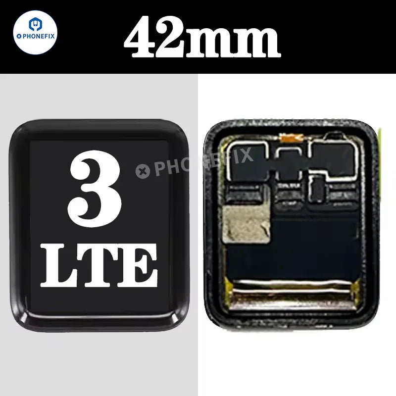 Apple Watch Series 3 42mm LTE OLED screen digitizer assembly by PHONEFIX, showing the front view of the watch display.