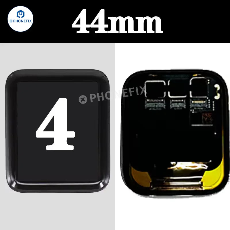 Apple Watch Series 4 44mm OLED screen digitizer assembly by PHONEFIX, showing the replacement display for watch accessories.