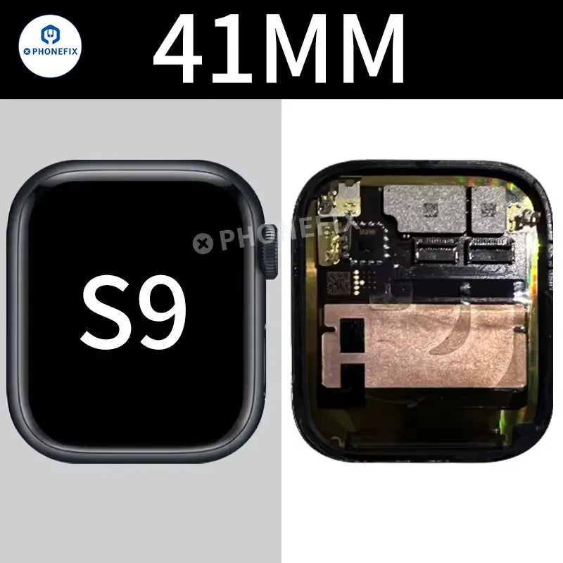 Apple Watch Series 9 41mm OLED screen digitizer assembly by PHONEFIX, showcasing the replacement display for smartwatch repair.