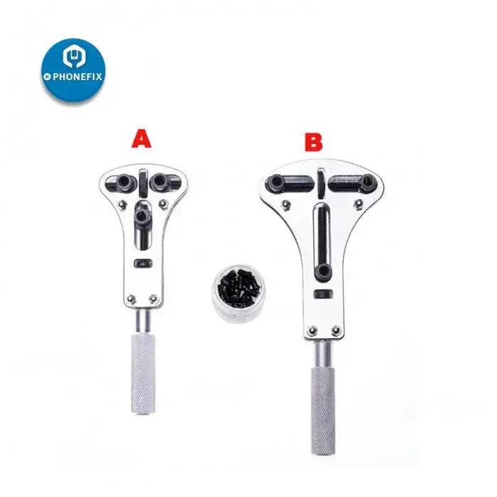 PHONEFIX adjustable watch back cover opening tool with screws, designed for watch repair and case removal.