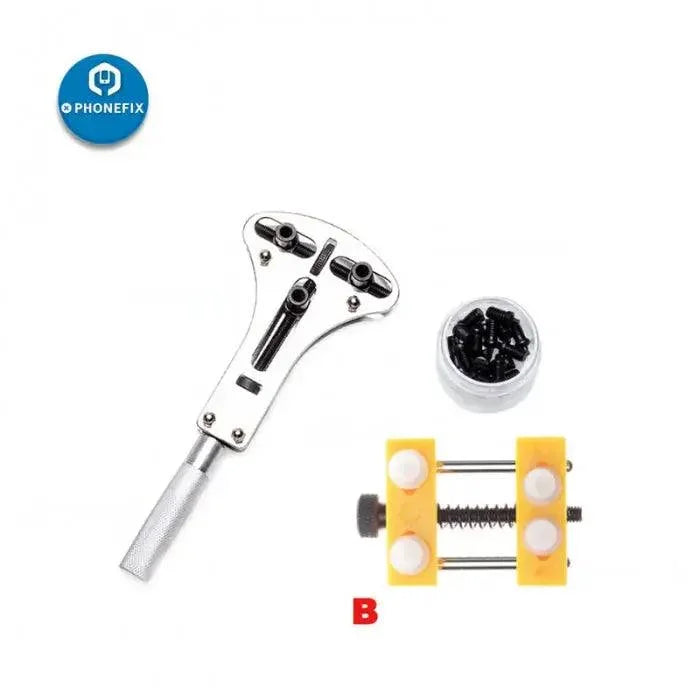 PhoneFix adjustable watch back cover opening tool with screws, used for watch repair and case removal.