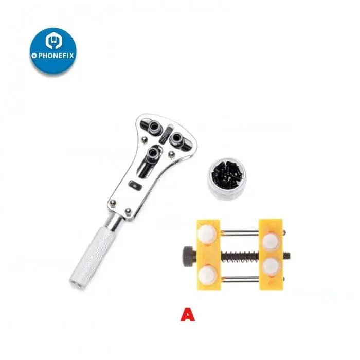 PhoneFix adjustable watch back cover opening tool with screws, used for watch repair and case removal.