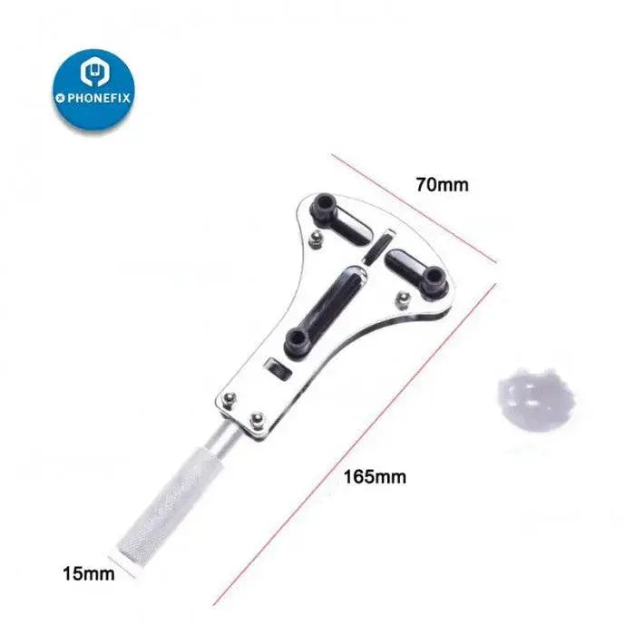 PhoneFIX adjustable watch back cover opening tool with screws, used for repairing and removing watch case backs.