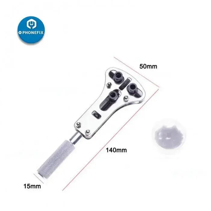 PHONEFIX adjustable watch back cover opening tool case remover with screws, used for watch repair and back cover removal.