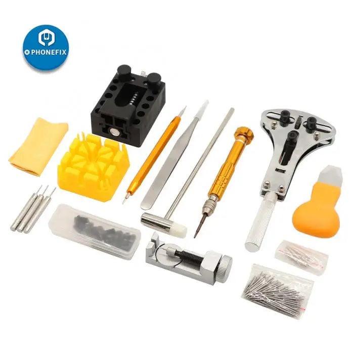 PhoneFix 149pcs watch repair tools kit with steel cover opener and spring bar tools for watch repair and maintenance.
