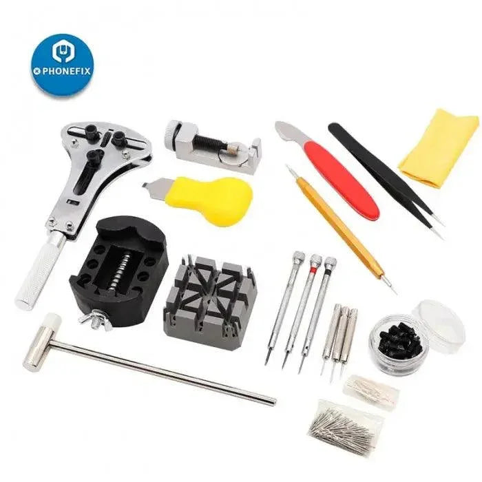 PHONEFIX 151pcs watch repair tool kit with link pin remover and case opener tools for watch maintenance and repair.