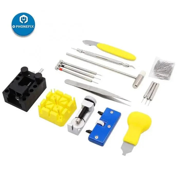 168pcs PHONEFIX watch repair tools kit with link pin remover and case opener for watchmakers, includes various repair tools.