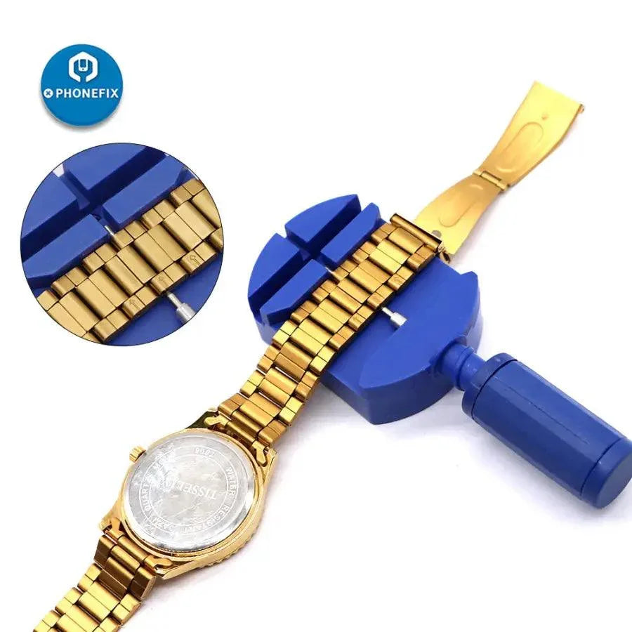 PhoneFix 16-piece entry-level watch repair tool kit with watch opening tools for watchmakers and watch repair enthusiasts.