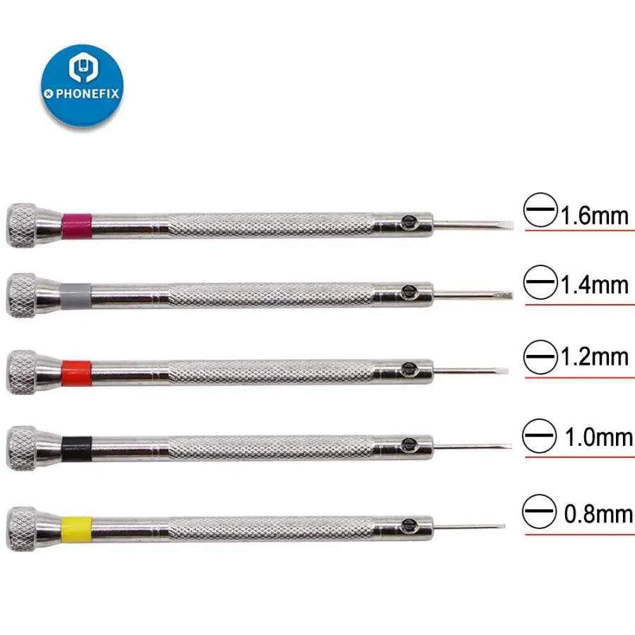 Set of 5 alloy steel watch repair screwdrivers and opening tools with silver link pins from PHONEFIX for watch maintenance.