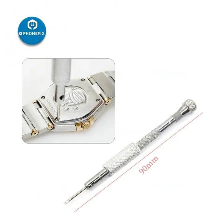 Set of 5 alloy steel watch repair screwdrivers with silver link pins, suitable for opening and repairing watches.