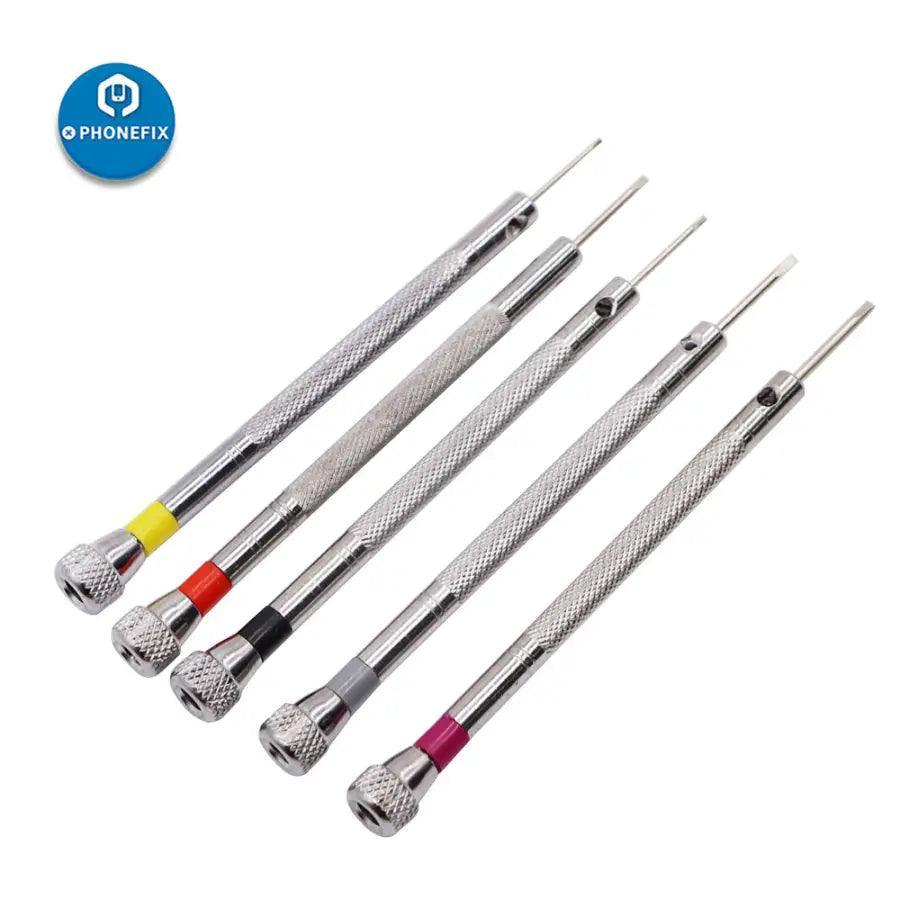 Set of 5 alloy steel watch repair screwdrivers with silver link pins for opening and repairing watches, from PHONEFIX.