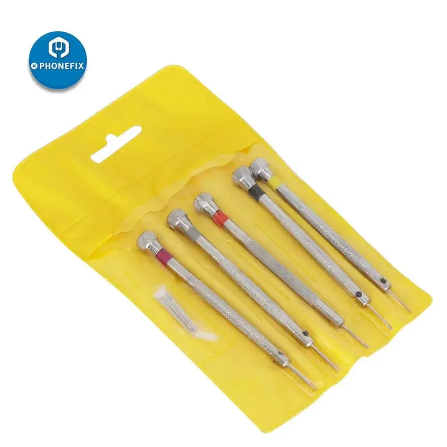5-piece alloy steel watch screwdriver set with silver link pins for watch repair, includes tools for opening and adjusting watches.