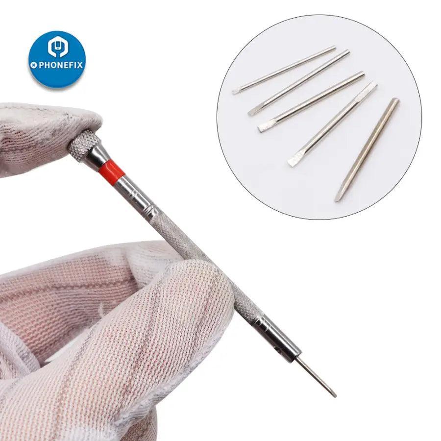 Set of 5 silver alloy steel watch repair screwdrivers and opening tools with link pins for watch repair and maintenance.