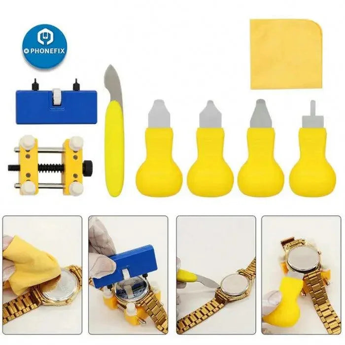 Set of 8 PHONEFIX watch back cover remover tools for watchmaker battery replacement and watch repair.