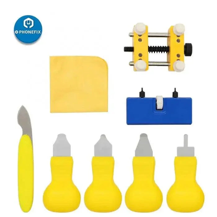 Set of 8 PHONEFIX watch back cover remover tools for watchmaker battery replacement and watch repair.