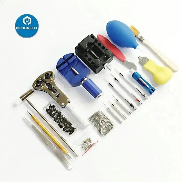 PhoneFix watch repair tools set with dust remover and cover opening tools in a 150-piece kit for watch maintenance and cleaning.