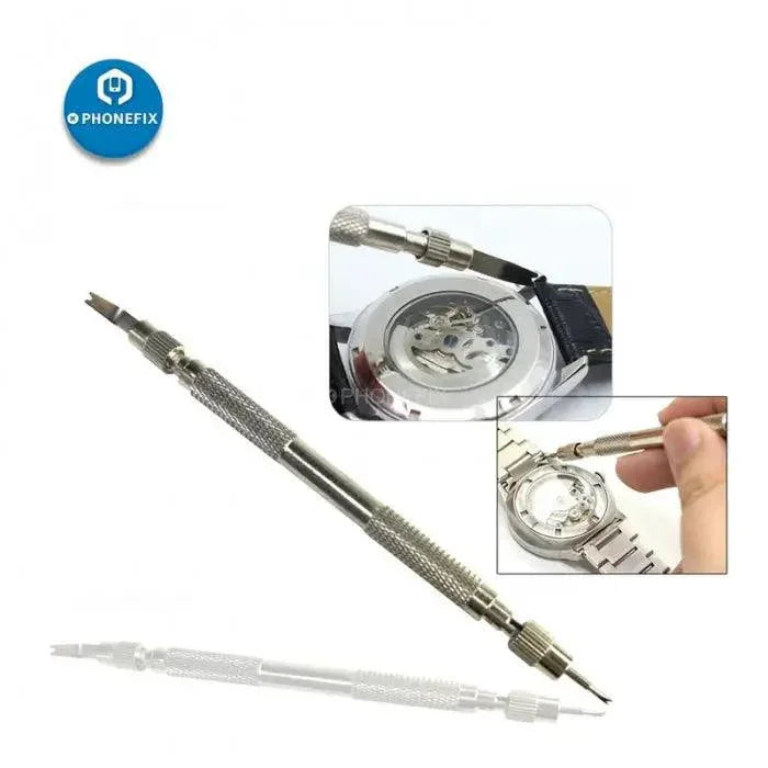 PhoneFix watch repair tool set with spring bars and pin pusher for watch strap replacement and adjustments.