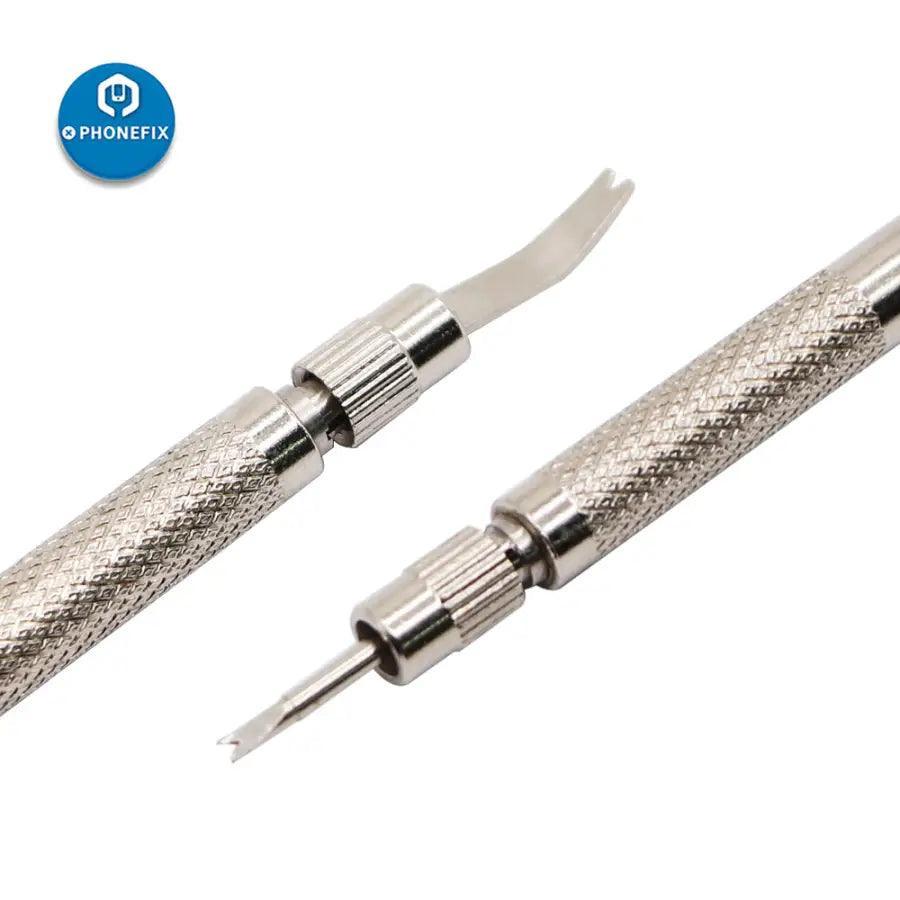 PhoneFix watch repair tool set with spring bars and needle bar for watch strap replacement and strap repairs.